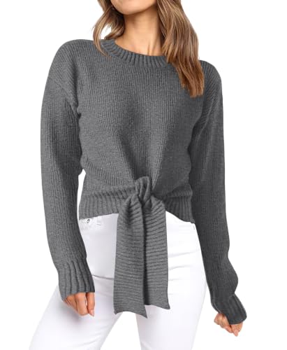 Okiwam Womens Sweater Long Sleeve Crew Neck Tie Front Crop Tops,Dark Grey,L - image 1