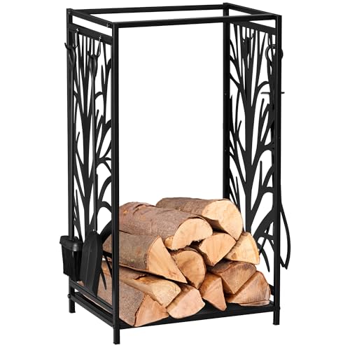 HOMCOM Estante para Leña Estantería de Almacenamiento para Chimenea Soporte para Leña con 4 Herramientas para Interior y Exterior 46x30x70 cm Carga 100 kg Negro