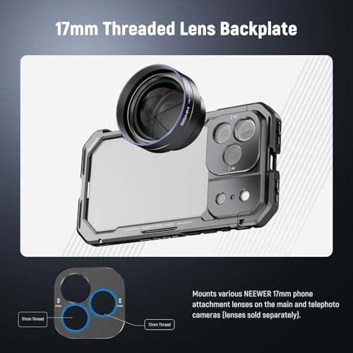Image of NEEWER Phone Cage Compatible with iPhone 17 Pro Max, Quick Release Video Rig Stabilizer Accessories with 67mm Filter Ring, 17mm Lens Backplate, T Mount Adapter, 4X Camera Control Cap, PA144 (Black)