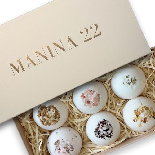 MANINA 22 Bath Bomb Gift Set - 6 Medium Size Moisturising Bath Bombs (130 g, 4.5 oz, 6.5 cm) with Cocoa Butter in Luxury Gift Box - Premium Quality - Handmade in The UK and Vegan/Cruelty Free MANINA 22 Bath Bomb Gift Set - 6 Medium Size Moisturising Bath Bombs (130 g, 4.5 oz, 6.5 cm) with Cocoa Butter in Luxury Gift Box - Premium Quality - Handmade in The UK and Vegan/Cruelty Free