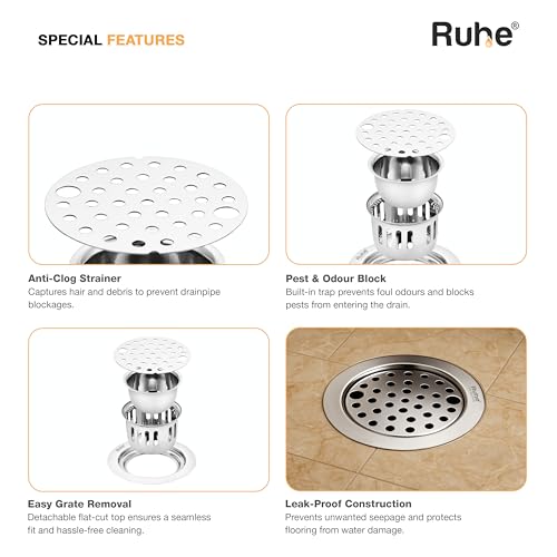 Image of Ruhe Round Floor Drain with Lock and Cockroach Trap (5 Inches) | 304-Grade Stainless Steel Floor Drainer