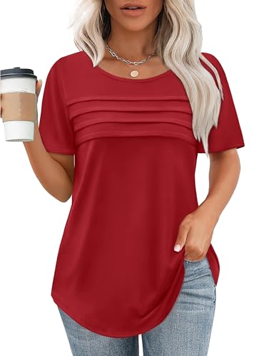 Womens Tops Dressy Casual Short Sleeve Blouse Summer Fashion Shirts Spring Business Work Tshirts Ladies Crewneck Pleated Polyester T-Shirts Women's Loose Fit Long Tunic XXL Red