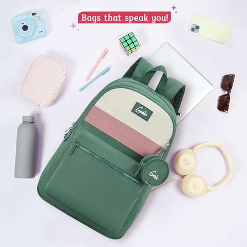 Image of Genie Essence Casual Backpack For Girls |18 In-27Ltr with Laptop Sleeve, Rain Cover and Three Compartments with Padded Shoulders |Best for Books,Stationery,Lunch Box & Essentials - Green