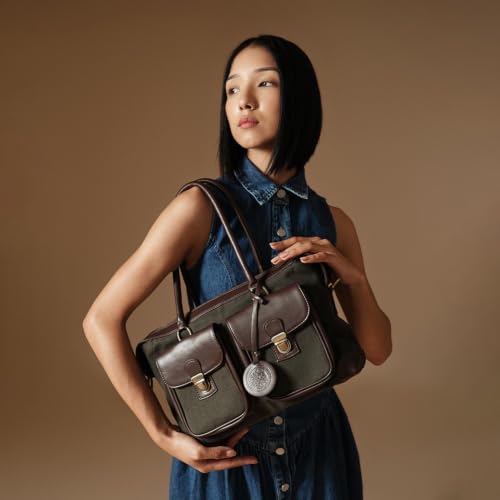 Image of Theater Miss Granger Structured Satchel Bag for Women | Canvas & Faux Leather Handbag with Fixed Top Handles & Detachable Crossbody Strap | Front Flap Buckle Pockets | Elegant Everyday Shoulder Bag
