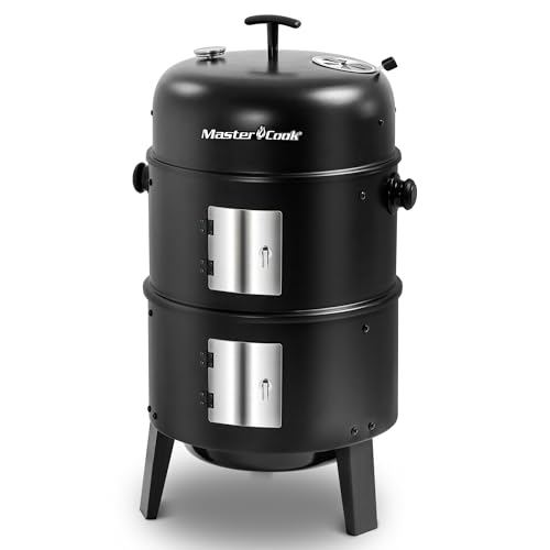 MASTER COOK 16 inch Charcoal Smoker, Vertical BBQ Grill, Heavy Duty 4 In 1 Fire Pit with built-in Thermometer & Adjustable Vent System for Backyard Patio Camping