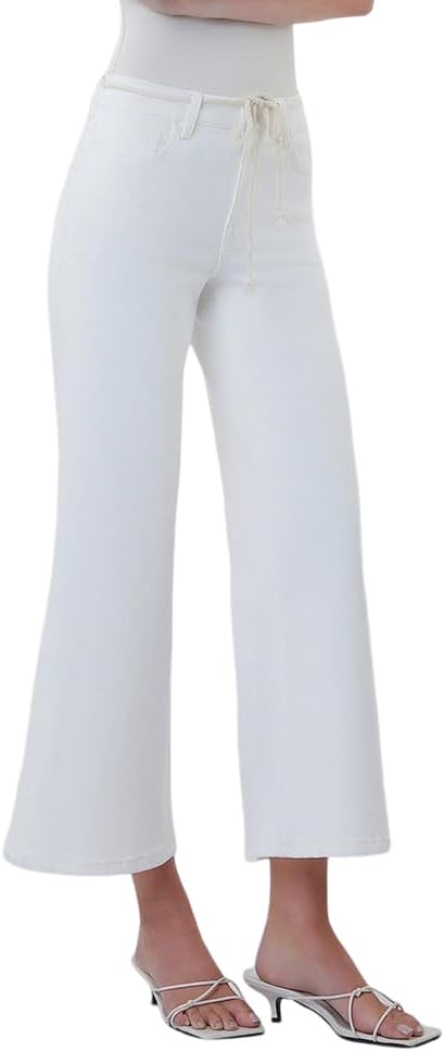 VERVET Women's Olivia High Rise Drawstring Waistband Cropped Wide Leg Jeans