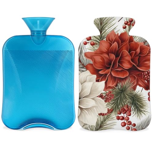 Hot Water Bottle with Soft Cover,2L Christmas Flowers Hot Water Bag for Hot and Cold Compress, Hand Feet Warmer, Glowing Flowers Rubber Hot or Cold Water Bottle Halloween Christmas Decorations