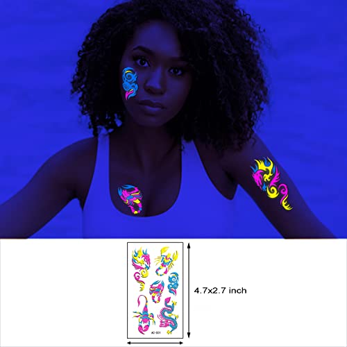 Neon Temporary Tattoos Glow In The Uv Neon Tattoos Stickers 61 Glitter Styles Dragon Scorpion Spider Cool Fake Waterproof Tattoos For Men Women Party Decoration #TOP5
