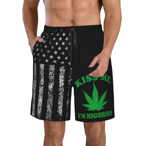Kiss Me I'm Highrish Irish St. Patrick's Day Weed Gift Men's Swim Trunks Swimsuit Swimming Swim Board Shorts for Men