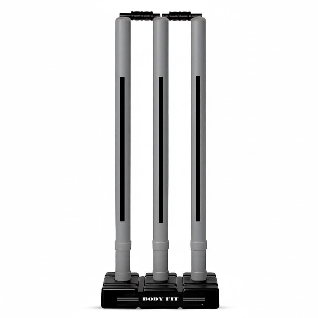 Bodyfit Heavy Cricket Stumps | Plastic Grey Set with 3 Stumps + 2 Bails + 1 Stand | Full Size Wickets for Cricket Ground, Tournament Wicket, Grey-Black.
