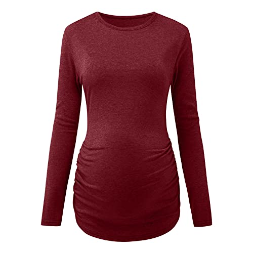 Camiseta de maternidad fruncida para mujer, ropa de mamá, camisetas de manga larga, cuello para embarazo, suave y cálida, camisetas de maternidad y otoño para mujer, Vino, L