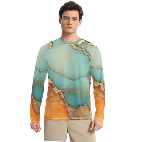 Marble Turquoise Orange Men's Rash Guard Shirts Breathable Loose Men's Sun Protection Long Sleeve Beach