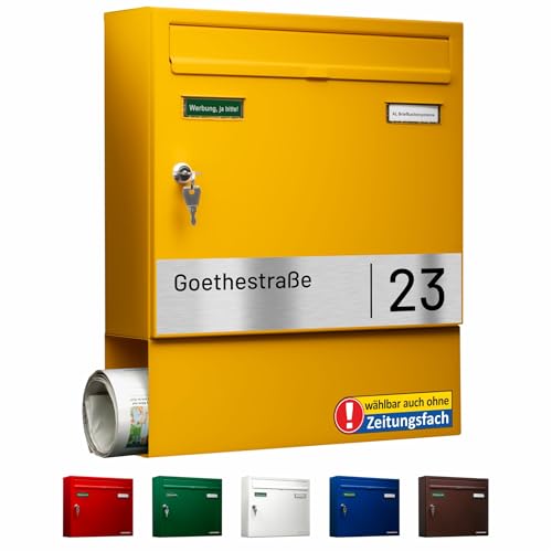 AL Briefkasten Systeme Basic-Line 1er Briefkasten personalisiert mit Namen Schild Straße und Hausnummer - Postkasten Gelb modern mit Zeitungsfach - Gravur wetterfest Wandbriefkasten Zaunbriefkasten