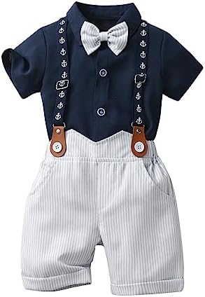 Boarnseorl Baby Boys Gentleman Shorts Sets, Infant Outfits Suits, Shirt+Shorts+Bow Tie+Suspenders,9-12M