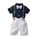 Gajaous Baby Gentleman set rompertje rompertje korte mouwen vlinderdas + shorts met bretels, C-Blauw Wit, 12-18 Maanden