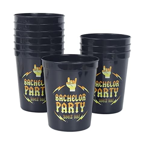 Brosash Bachelor Party Cups - Pack of 10 Black Plastic Cups with Gold Text "Bachelor Party - Rock On!" | Bachelor Party Favors Team Groom Cup Bachelor Party Decorations For Men Supplies Cover