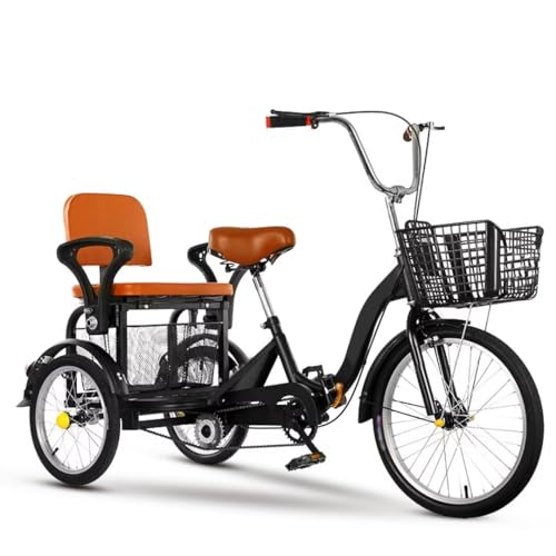 Triciclo plegable para adultos, triciclo tándem de 16 pulgadas con asiento trasero para personas mayores, bicicleta triciclo de 3 ruedas con frenos sensibles, sillín y manillar ajustables en altura (