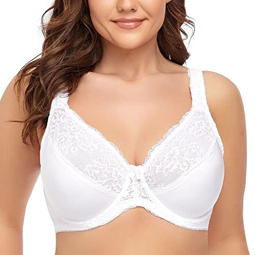 Ayigedu Women's Sexy Lace Bra Underwire Plus Size Non Padded Push up Bralette Full Coverage 48C White