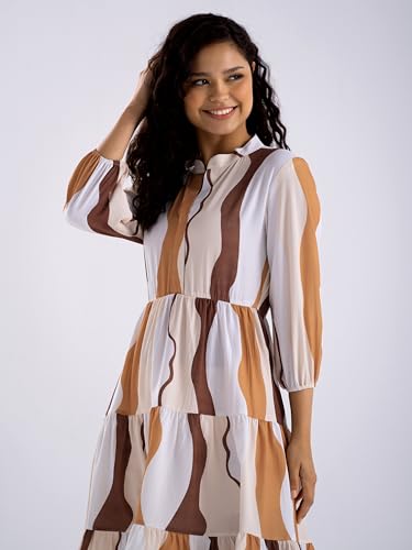 Image of AASK Women Diamond Creap Striped Printed Mandarin Collar Fit & Flare Dresss