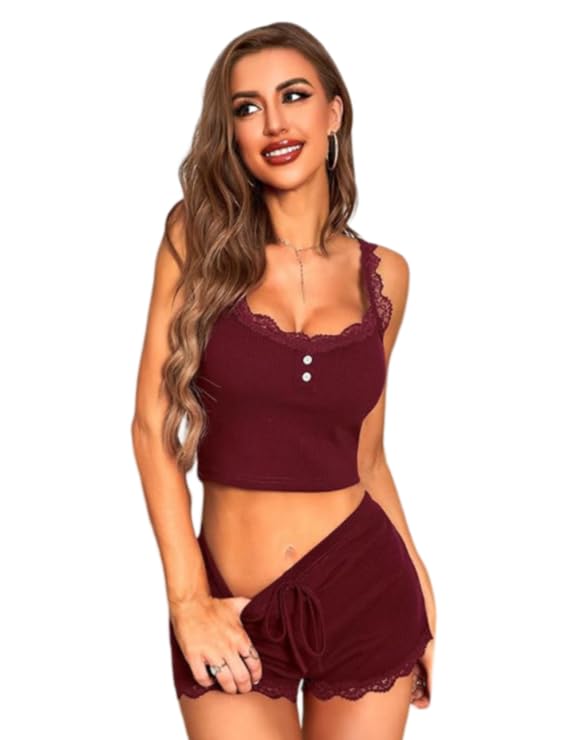 kellberry Women's Cotton Lycra Rib Night Suit Lace Set of Top and Shorts (Black, Small)-picture-37