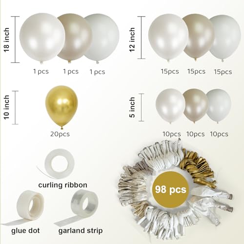 Image of Pearl White Double Stuffed Balloon Arch Kit - Ivory, Cream & Champagne Gold Latex Balloons for Wedding, Bridal Shower, Birthday, Gender Reveal, Boho Party Garland Decor (98 Pcs)