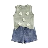 YINGISFITM Toddler Girl Clothes Baby Summer Waffle Knit Tank Top Sleeveless Shirt Jeans Shorts Floral Outfit Girls Clothing (Green solid floral, 18-24 Months)