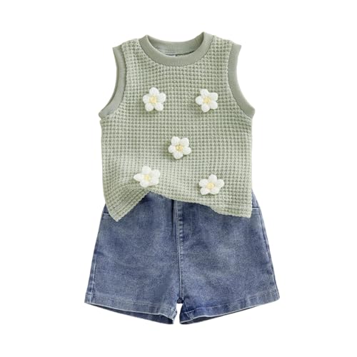 YINGISFITM Toddler Girl Clothes Baby Summer Waffle Knit Tank Top Sleeveless Shirt Jeans Shorts Floral Outfit Girls Clothing (Green solid floral, 18-24 Months)