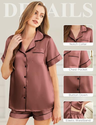 Image of Silk Pajamas for Women Short Sleeve Sleepwear Soft Button Down Loungewear 2 Piece Satin Pjs Shorts Set S-XXL