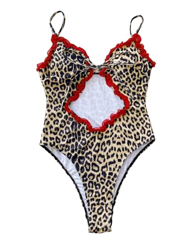 GORGLITTER Womens Leopard One Piece Swimsuit Cut Out High Cut Swimming Costume Tie Front Frilled Beach Swimwear Brown M