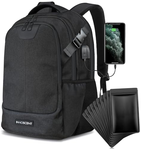 INNOSCENT Mochila 100% a prueba de olores, sin olor, con bloqueo de combinación, para hombres y mujeres, puerto USB y auriculares, Negro -, XL, Viajes, almacenamiento