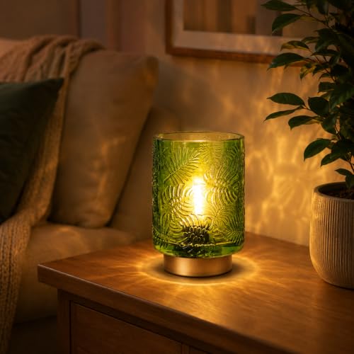 Image of Battery Powered Table Lamp, Green Glass Decorative Table Light with LED Bulb Dimmable Cordless Night Lighting, Decorative Touch Lamps for Bedroom Dining Living Room- Gift for Women