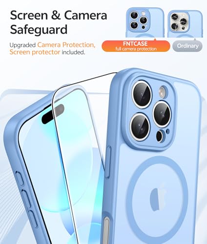 Image of FNTCASE for iPhone 16 Pro Max Case: [Compatible with Magsafe] Translucent Matte Cases with [Full Camera Protection] [Screen Protector] Military Grade Shockproof Protective Phone Cover - Light Blue