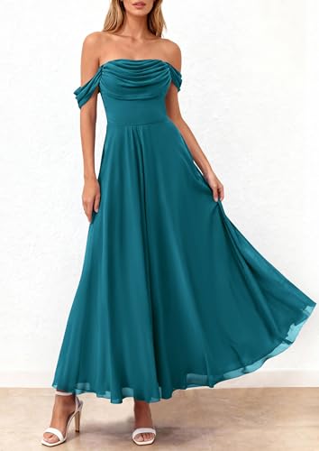 PRETTYGARDEN Womens Off Shoulder Maxi Summer Dresses 2026 Elegant Mesh Aline Swing Ruched Flowy Cocktail Wedding Guest Dress (Lake Blue,Medium) — view 5
