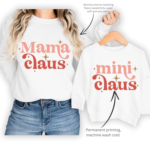 Christmas Matching Family Outfits - Mommy and Me "Mama Claus" & "Mini Claus" Sweatshirts, Cozy Winter Holiday Pullovers for Mother and Daughter, Soft Cotton, White2