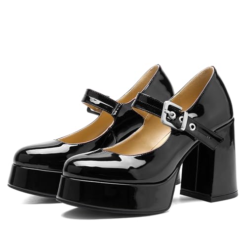 QIV Platform Mary Jane Heels for Women Chunky Block Heel Round Toe Closed Toe Dress Shoes