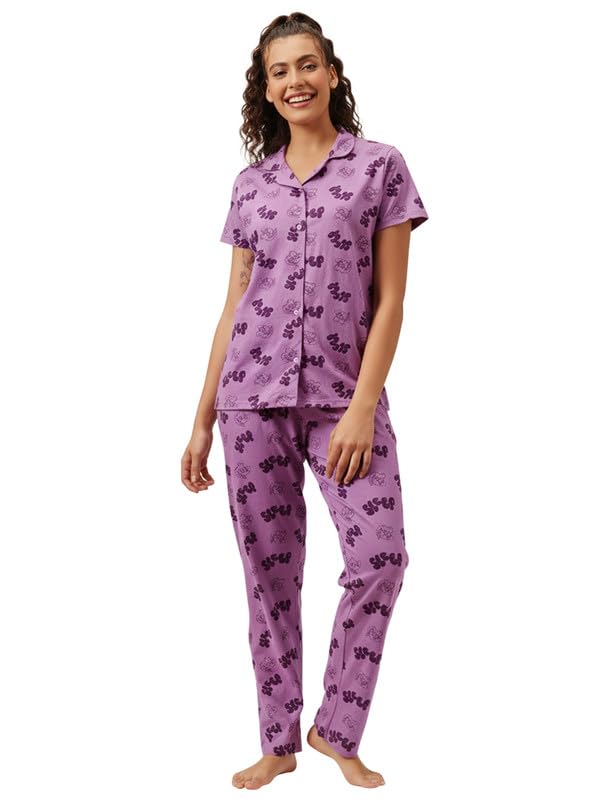 Image of Clovia Women's Cotton Printed Button Down Shirt & Pyjama Night Suit Set