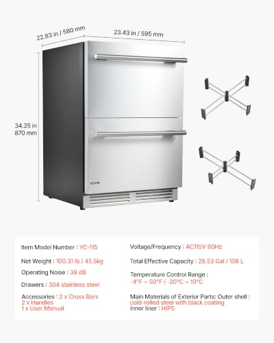 Image of VEVOR 24 inch Drawer Refrigerator with Freezer, Undercounter Fridge & Freezers | 304 Stainless Steel Drawers, Beverage Cooler for Fruit, Freezing Zone for Frozen Food, Ideal for Kitchen, Bar & Game Room