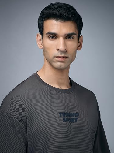 Image of TECHNOSPORT Men Printed Oversized Round Neck T-Shirt with COTFLEX, Dry Fit Sports Tee, Oversized Activewear T-Shirt for Gym, Running, Sports & Casual Wear