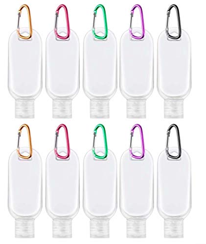 10 Pcs Travel Size Bottles with Keychain Hand Sanitizer Holder, 1.7 oz Portable Plastic Small Empty Bottles Leakproof Refillable Squeeze Containers for Backpack