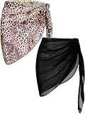 Ekouaer 2 Pieces Women Beach Sarongs Sheer Cover Ups Chiffon Bikini Wrap Skirt for Swimwear,Black/Coffee Leopard,Medium