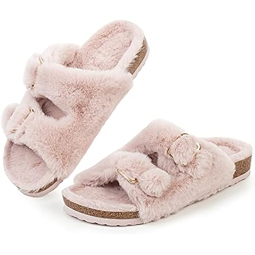 FITORY Womens Open Toe Slippers,Faux Rabbit Fur Cork Slides Sandals