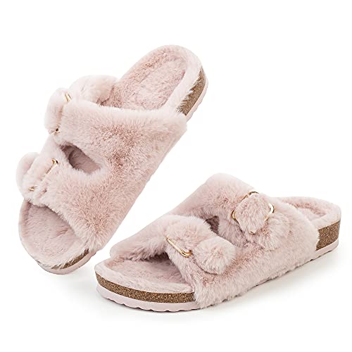 FITORY Womens Open Toe Slipper with Cozy Lining,Faux Rabbit Fur Cork Slide Sandals Size 6-11