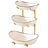 XUDREZ 3 Tier Fruit Bowl with Metal Stand for Kitchen Counter, Ceramic White Gold Silver, Tiered Fruit Basket for Nuts, Snacks, Bread, Candy Storage (White A)