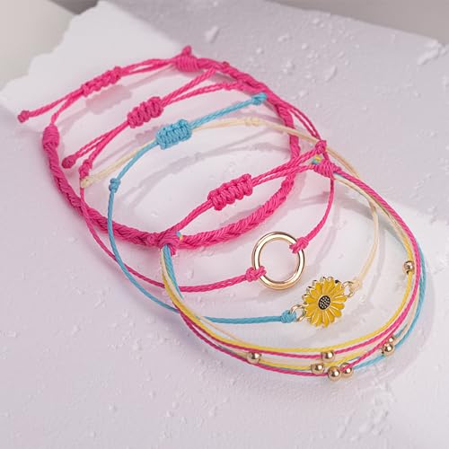 Image of Stackable Sunflower String Bracelets Cute Boho Braided Summer Beach Jewelry