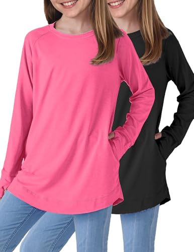 Image of Liberty Pro 2-Pack Girls' Loose Fit Long Sleeve Tunic Tops with Pockets and Thumb Holes, Casual T Shirts for Tween Kids