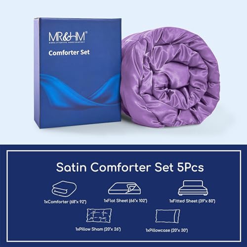 MR&HM Satin Comforter Twin XL 5 Pieces - Luxurious Pinch Pleat Bedding Set with Comforter, Flat Sheet, Fitted Sheet, Pillowcase & Sham, Super Silky Soft Bed Set for All Season (Twin XL, Lavender)