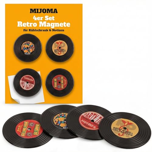 MIJOMA Juego de 4 imanes de nevera retro, para notas, fotos, listas de la compra, aspecto de vinilo de plástico, decoración vintage para cocina, oficina, pizarra magnética