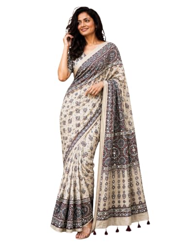 Image of Ajrakh Modal Silk Saree for Women | Mirror Work Black Saree | Gajji Silk Red Pallu Tassels | Designer Sarees for Women Party | Ajrakh Print Saree | Modal Silk Sarees Original