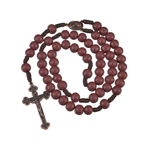 SALOMOCA 10mm Brown Beads Catholic Rosary Handmade Braided Rosaries with Curcifix Cross and Holy Mary Medal Amulet Rosary Beads Necklace for Women Men