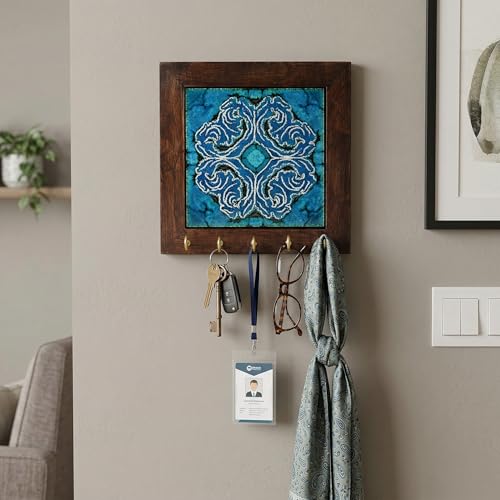 Image of AAKRITI ART CREATIONS Key Holder, Blue Daisy Handcrafted Key Holder Panel | Rustic Ceramic & Wood Wall Organizer with 5 Hooks | New Home Gifts | Multifunctional Entryway Decor.